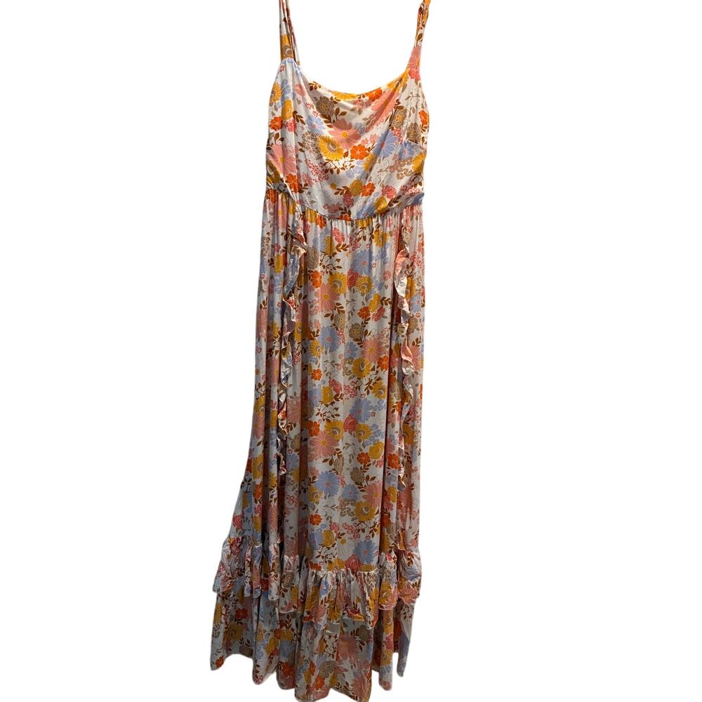 Abel The Label Floral Boho Ruffle Maxi Dress Open Tie Back